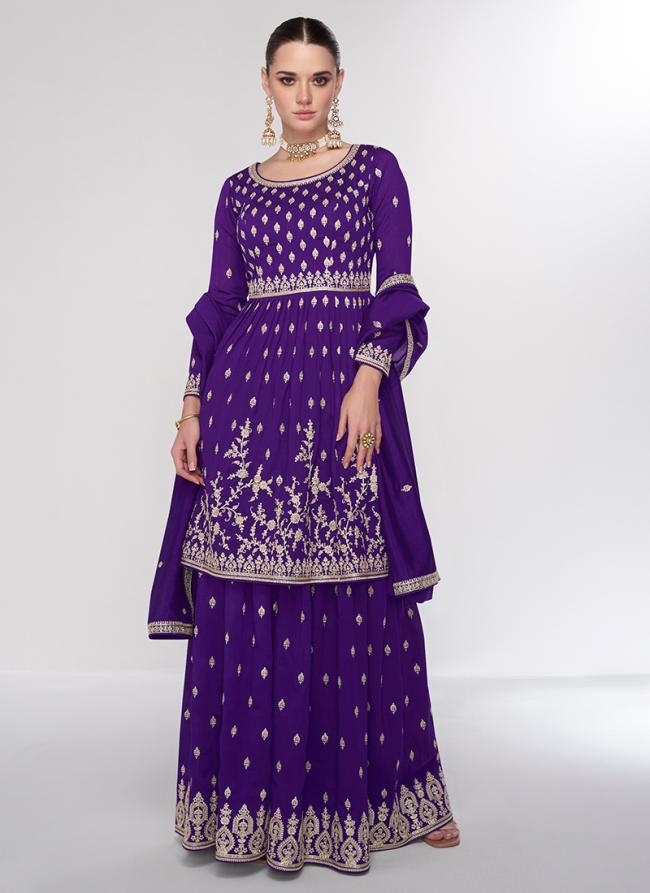 Silk Purple Wedding Wear Embroidery Work Readymade Sharara Suit